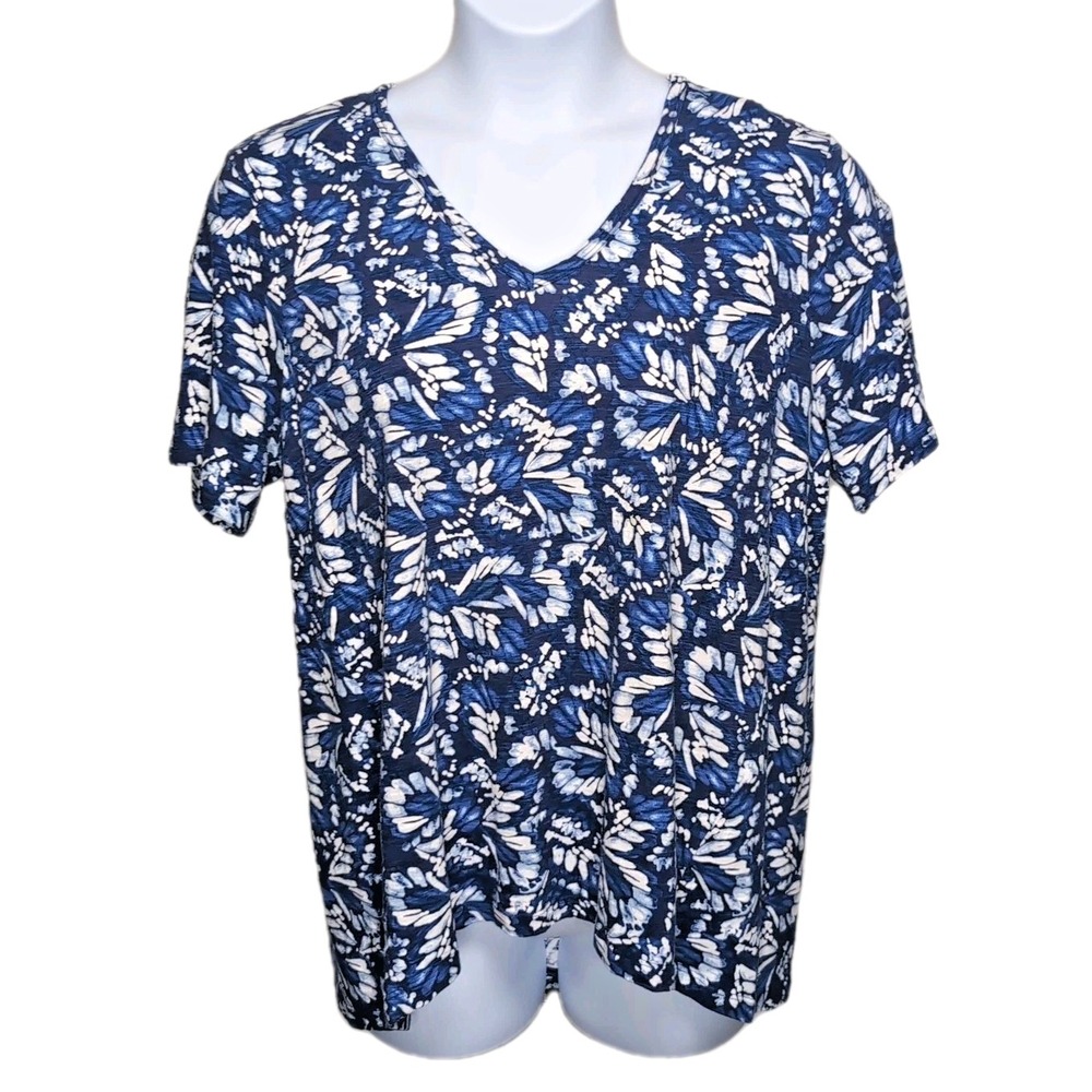 Chicos Knit Top Womens Chico's Size 3 US XL Blue White Butterfly Print V-Neck